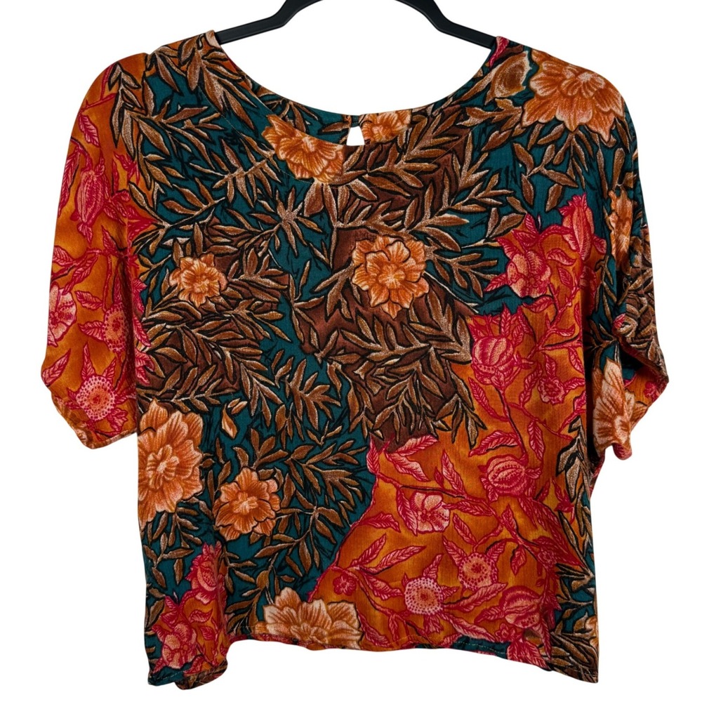 Options by Worthington Vintage‎ Floral Rayon Cropped Top Orange Teal Small